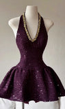 Glitter Purple Sequin Homecoming Dresses V-neck Beaded Mini Party HZ0307