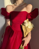 Glitter Red A-line Tulle Prom Dresses, Short Sleeves Birthday HZ0307