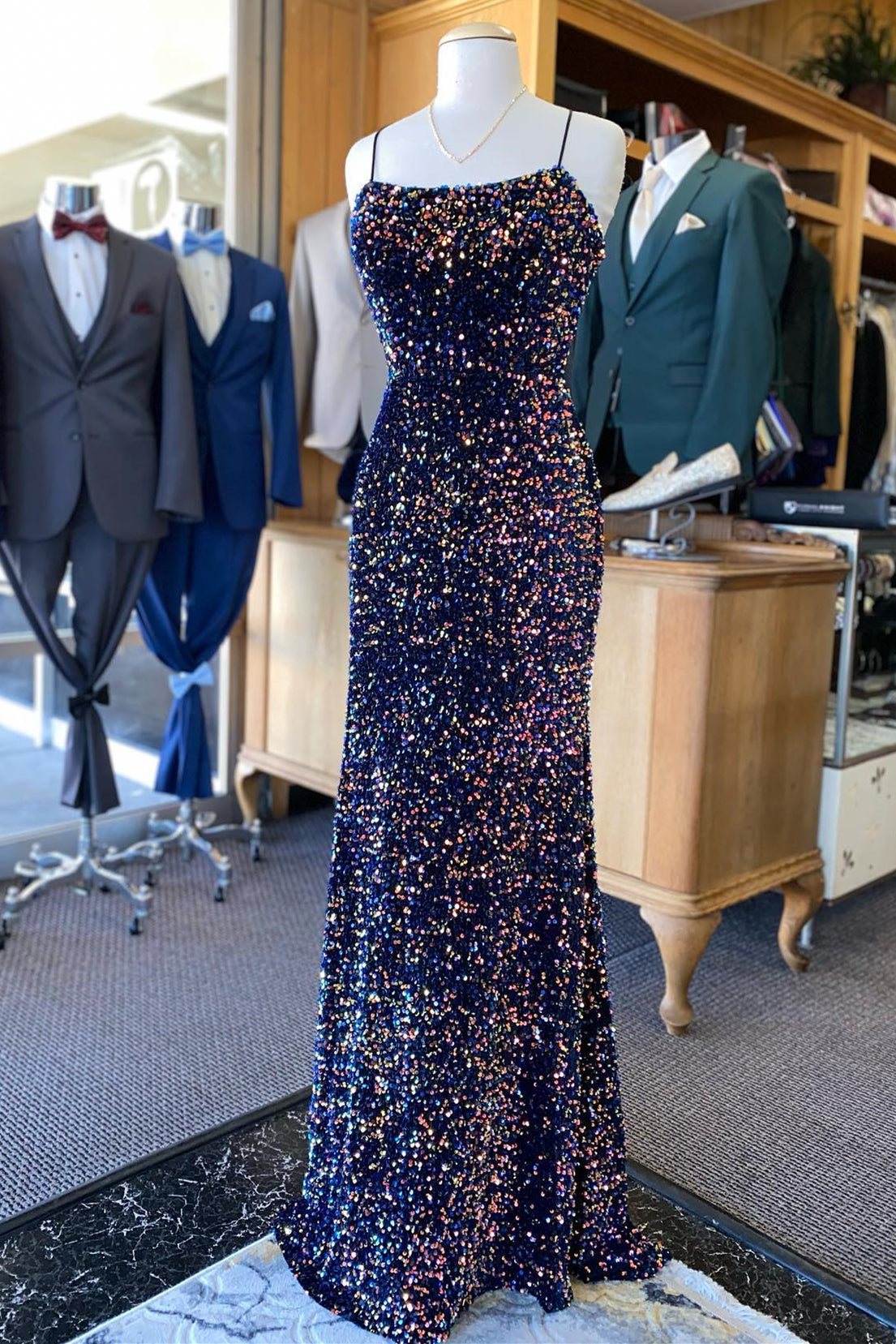 Glitter Dark Navy Blue Sequin Mermaid Formal HZ0307