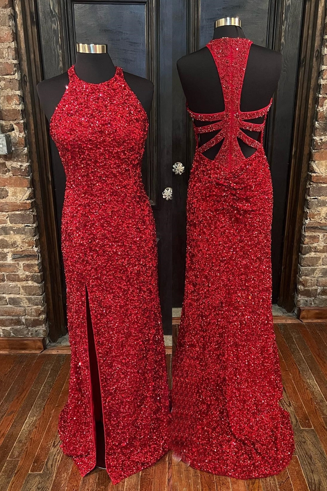 Glitters Red Sequin Mermaid Jewel Long Formal HZ0307