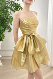 Gold Strapless A-Line Organza Homecoming Dresses, HZ0307