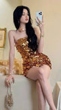 Gold Sequin Homecoming Dresses Strapless Mini Prom Party HZ0307
