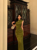 Gorgeous Mermaid High Neckline Green Satin Floral Date Night Dress Long Prom Dresses Birthday Outfits , HZ0307