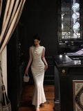 Gorgeous Mermaid Jewel Neckline White Satin Floral Date Night Dress Long Prom Dresses Birthday Outfits, HZ0307