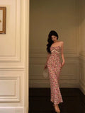 Gorgeous Mermaid Spaghetti Straps Pink Floral Date Night Dress Long Prom Dresses Birthday Outfits, HZ0307