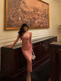 Gorgeous Sheath Square Neckline Long Sleeves Pink Lace Date Night Dress Long Prom Dresses Birthday Outfits, HZ0307