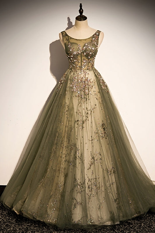 Elegant Plam Green Beaded Long Formal HZ0307