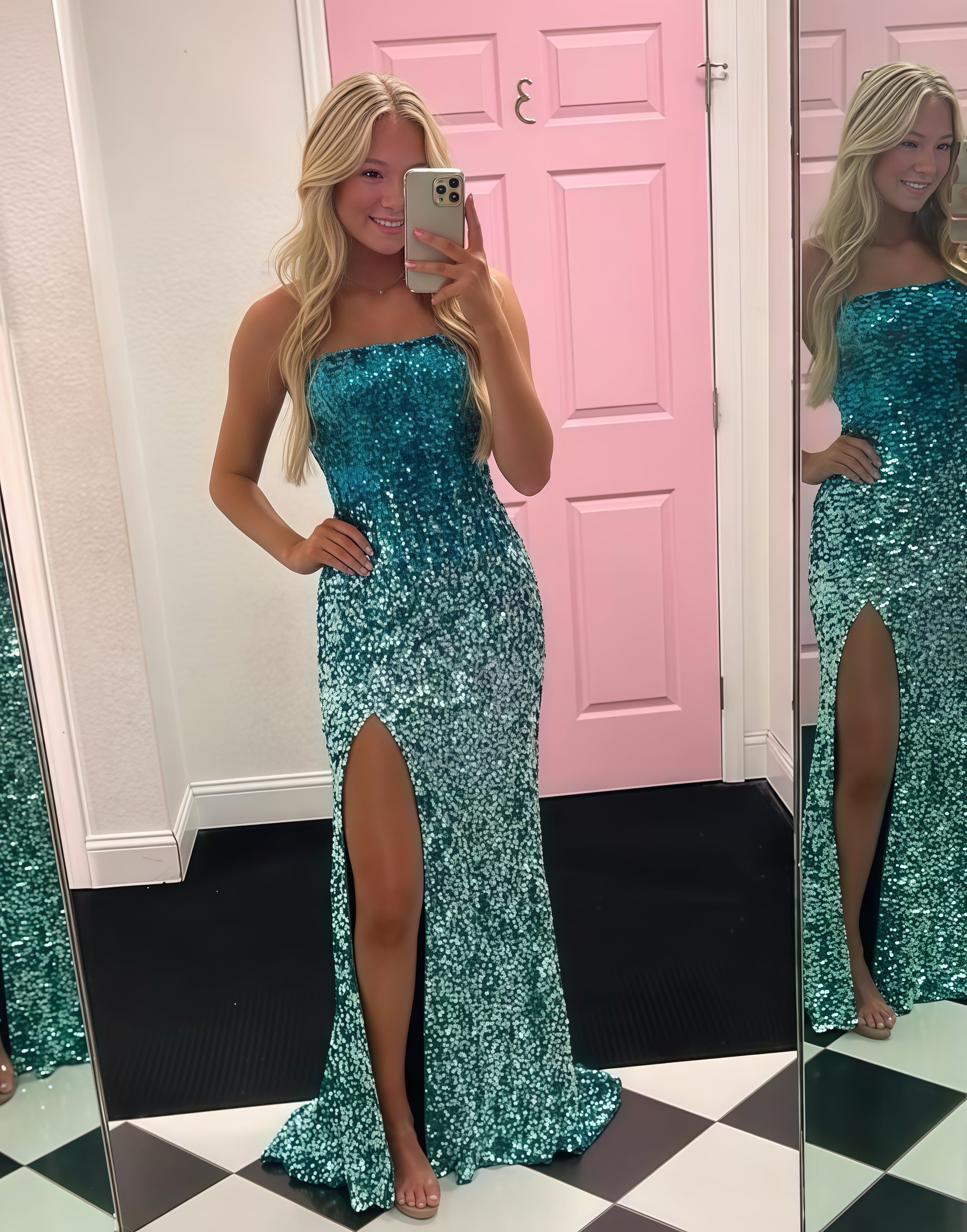 Gradient Color Strapless Sequin Evening Prom HZ0307