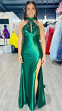 Green Halter Mermaid Prom Dresses, Mirror Prom Evening HZ0307