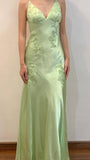 Green Mermaid V Neck Appliques Satin Open Back Long Prom Dress HZ0307