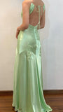Green Mermaid V Neck Appliques Satin Open Back Long Prom Dress HZ0307