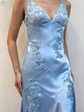 Green Mermaid V Neck Appliques Satin Open Back Long Prom Dress HZ0307