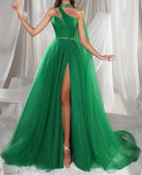 Green Tulle A-Line Evening Prom Dresses With Slit, HZ0307