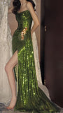 Strapless Green Sequin Prom Dress With Split, HZ0307