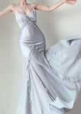 Grey Blue Chiffon Ruffle Prom Dresses Pearl Beaded Evening HZ0307