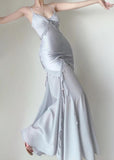 Grey Blue Chiffon Ruffle Prom Dresses Pearl Beaded Evening HZ0307