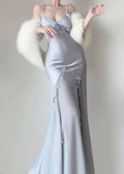 Grey Blue Chiffon Ruffle Prom Dresses Pearl Beaded Evening HZ0307