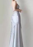Grey Blue Chiffon Ruffle Prom Dresses Pearl Beaded Evening HZ0307