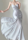 Grey Blue Chiffon Ruffle Prom Dresses Pearl Beaded Evening HZ0307