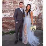 Grey V-Neck Lace Prom Dresses Sleeveless Evening Gown, HZ0307
