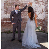 Grey V-Neck Lace Prom Dresses Sleeveless Evening Gown, HZ0307