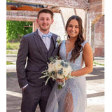 Grey V-Neck Lace Prom Dresses Sleeveless Evening Gown, HZ0307