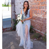 Grey V-Neck Lace Prom Dresses Sleeveless Evening Gown, HZ0307