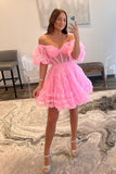 LTP1839,A-line Pink Off The Shoulder V-Neck Mini Homecoming HZ0307