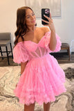 LTP1839,A-line Pink Off The Shoulder V-Neck Mini Homecoming HZ0307