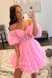 LTP1839,A-line Pink Off The Shoulder V-Neck Mini Homecoming HZ0307