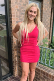 LTP1165,Casual Tight Hot Pink V Neck Party Dress,Satin Homecoming HZ0307