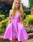LTP1776,Pink A-Line Satin Homecoming Dress, V-Neck Mini Prom HZ0307