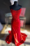 Strapless Appliques Split Red Prom Dress, Long Prom Dress HZ0307