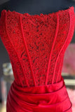 Strapless Appliques Split Red Prom Dress, Long Prom Dress HZ0307