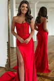Strapless Appliques Split Red Prom Dress, Long Prom Dress HZ0307