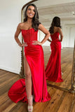 Strapless Appliques Split Red Prom Dress, Long Prom Dress HZ0307