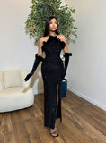 Halter Black Sequins Mermaid Long Prom Dresses With Side Slit, HZ0307