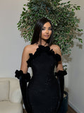 Halter Black Sequins Mermaid Long Prom Dresses With Side Slit, HZ0307