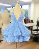 Halter Blue Sequin A-Line Homecoming Dress, HZ0307