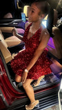 Halter Burgundy Sequin Homecoming Dresses A-line V neck Senior Hoco Dress Cocktail HZ0307