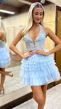 Halter Light Blue Lace Homecoming Dress Tulle Mini Party Dress, HZ0307