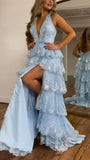 Halter V-Neck Appliques Ruffles Long Prom HZ0307