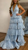 Halter V-Neck Appliques Ruffles Long Prom HZ0307