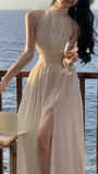 Halter Ivory Chiffon Long Prom Dresses With Slit, HZ0307