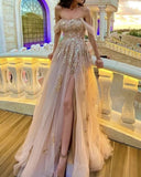 LTP0939,Elegant Champagne tulle corset prom dresses off the shoulder with sequin lace HZ0307