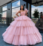 Light Pink One Shoulder Tulle Evening Prom HZ0307
