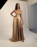 LTP0974, Sexy Gold Satin Prom Dresses Spaghetti Straps Long Evening Dress with Side HZ0307