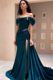 High Quality Off The Shoulder Dark Green Satin Prom Dresses Beaded Evening HZ0307