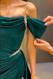 High Quality Off The Shoulder Dark Green Satin Prom Dresses Beaded Evening HZ0307