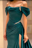 High Quality Off The Shoulder Dark Green Satin Prom Dresses Beaded Evening HZ0307